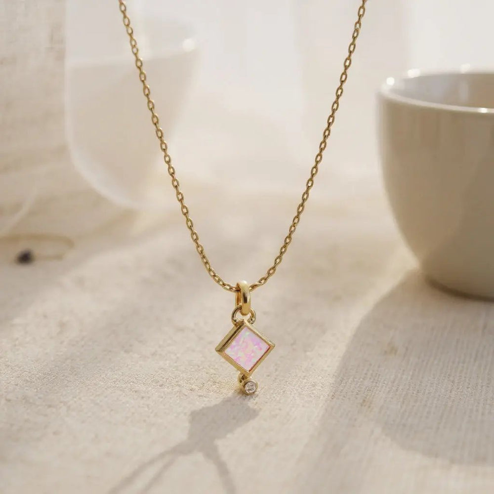 Opalas do Mar Diamond Shape Pink Opal Pendant Necklace 16-18"
