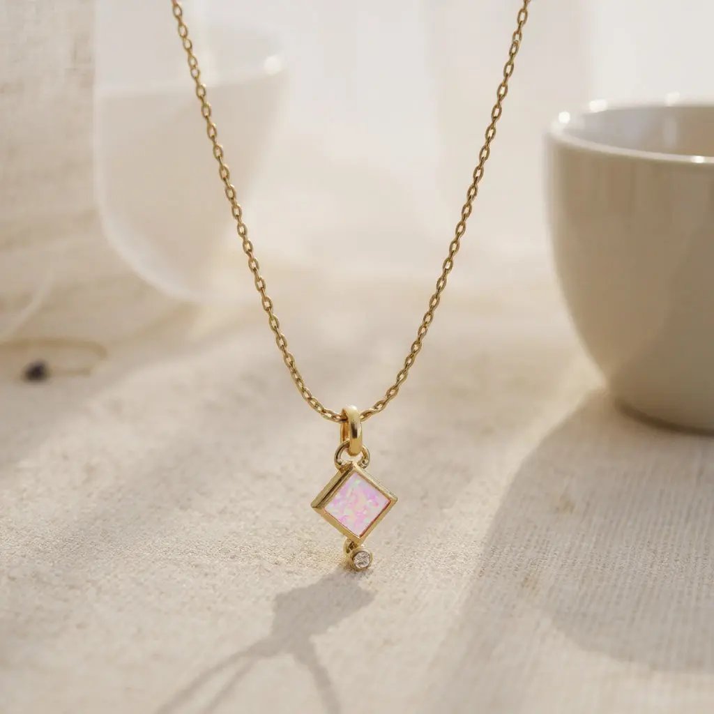 Opalas do Mar Diamond Shape Pink Opal Pendant Necklace 16-18"