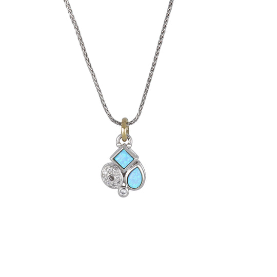 Blue Opal/Black Onyx Adjustable 2 Stone Two-Tone Pendant Necklace - With Pavé