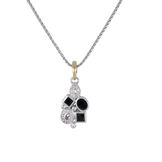 Blue Opal/Black Onyx Adjustable 3 Stone Two-Tone Pendant Necklace - With Pavé