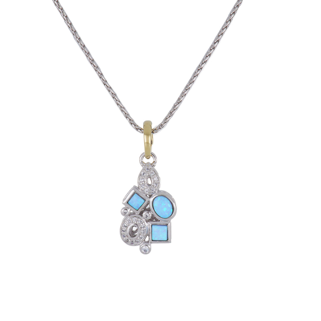 Blue Opal/Black Onyx Adjustable 3 Stone Two-Tone Pendant Necklace - With Pavé