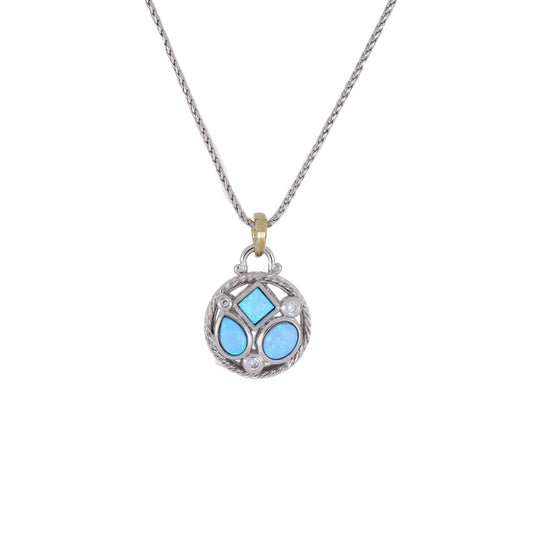Blue Opal/Black Onyx Adjustable 3 Stone & Cubic Zirconia Two-Tone Round Pendant Necklace