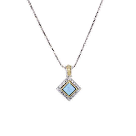 Blue Opal/Black Onyx Adjustable Diamond-Shaped Two-Tone Pendant Necklace - With Pavé