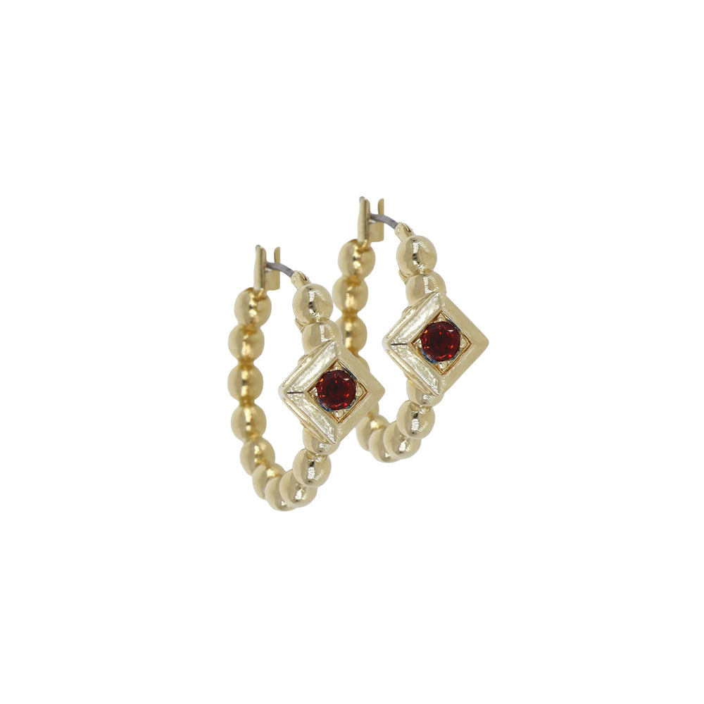 Beaded Collection Diamond Shape Stone Hoop Earrings 3/4"  Garnet 