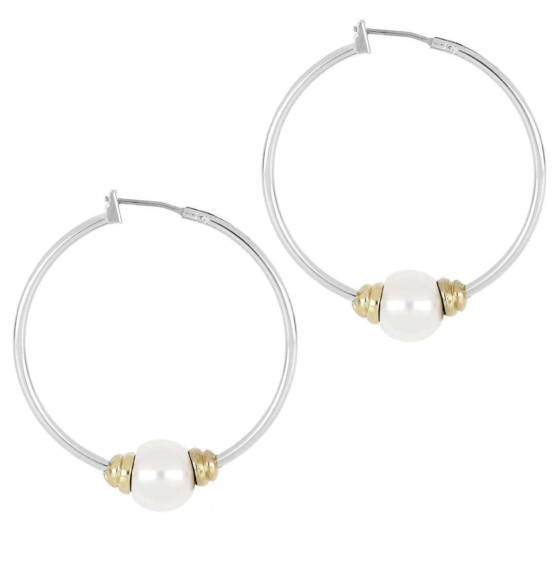 Pérola Collection - Hoop Earrings - John Medeiros Jewelry Collections- Large-1-3-8-Diameter-Two-Tone-Pearl