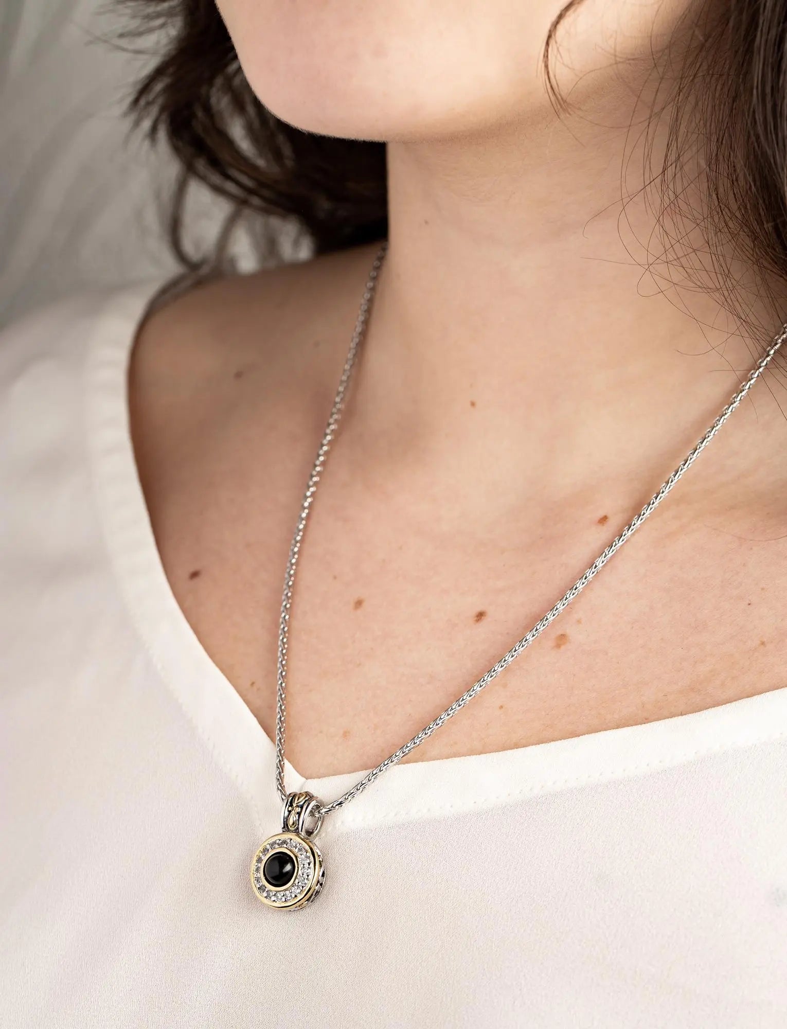 Genuine Black Onyx & Pavé Pendant with Chain - Elegant Jewelry