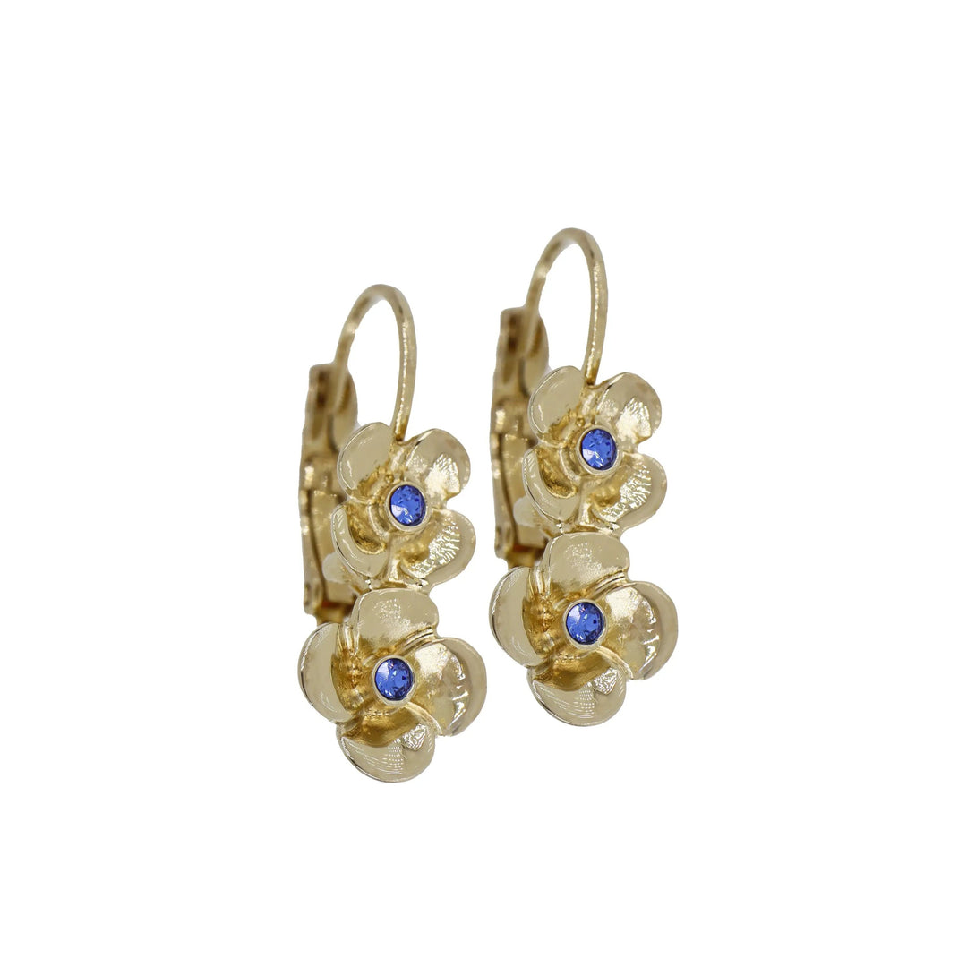 Gilded Age 2 Flower French Wire Earrings Gold with Blue CZ John Medeiros Jewelry Collections