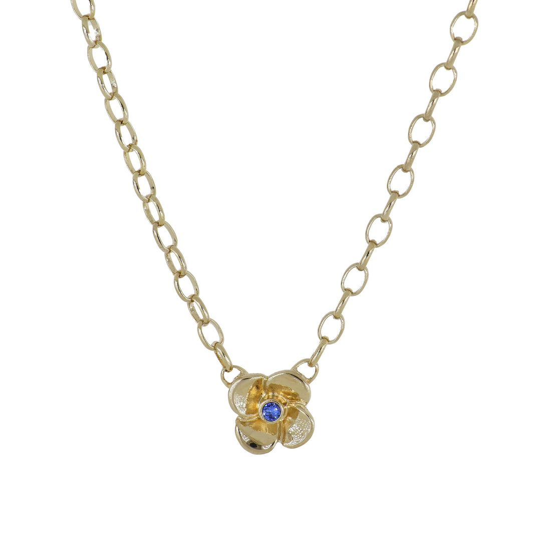 Gilded Age Hydrangea Single Flower Necklace Gold with Blue CZ John Medeiros Jewelry Collections