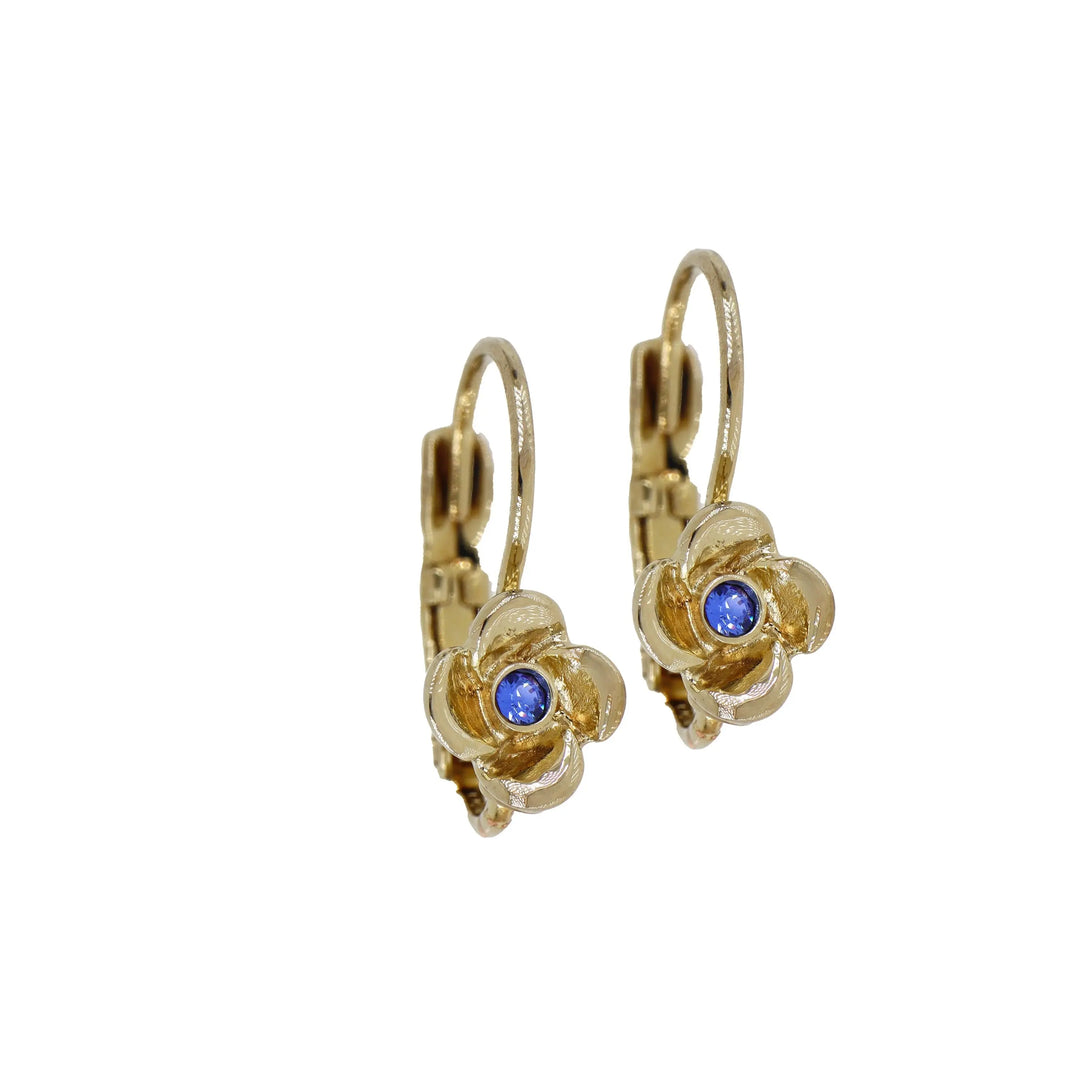 Gilded Age Single Hydrangea Flower French Wire Earrings Gold with Blue CZ John Medeiros Jewelry Collections