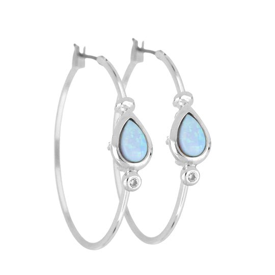 Opalas do Mar Collection - Blue Opal Pear Hoop Earring  Large / Rhodium / Blue Opal 