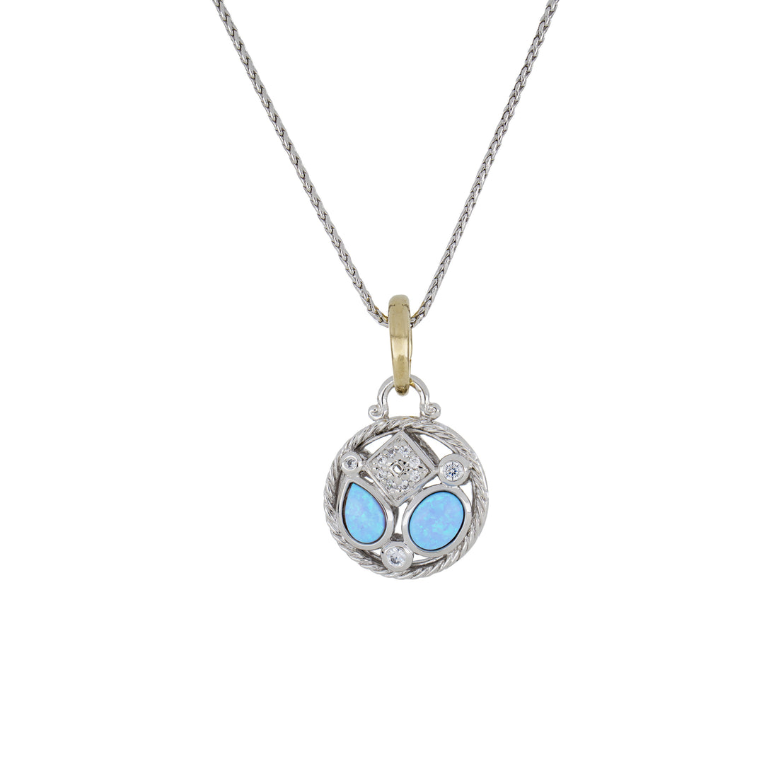 Blue Opal/Black Onyx Adjustable Two Stone Two-Tone Round Pendant Necklace - With Pavé