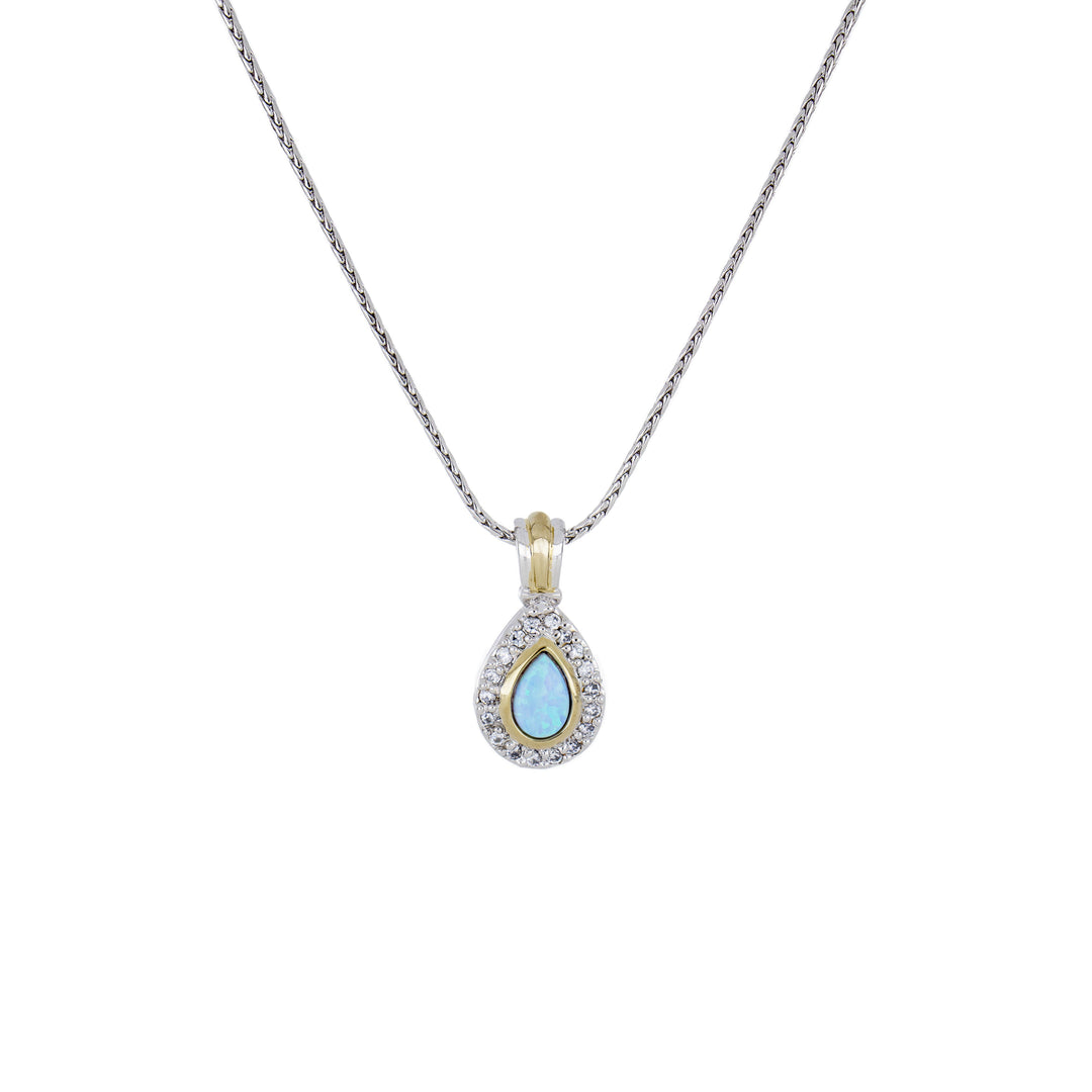 Blue Opal/Black Onyx Adjustable Pear-Shaped Two-Tone Pendant Necklace - With Pavé
