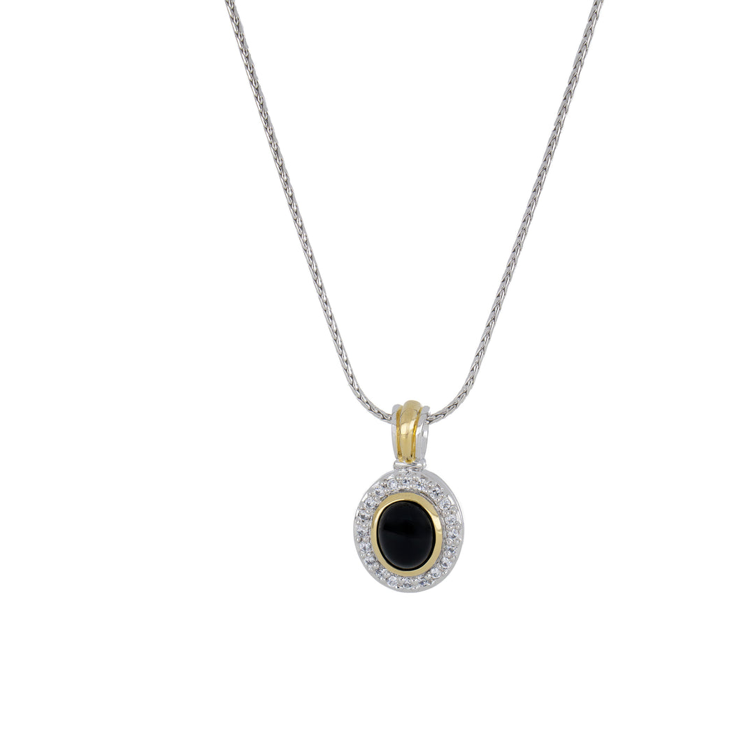 Blue Opal/Black Onyx Adjustable Oval-Shaped Two-Tone Pendant Necklace - With Pavé