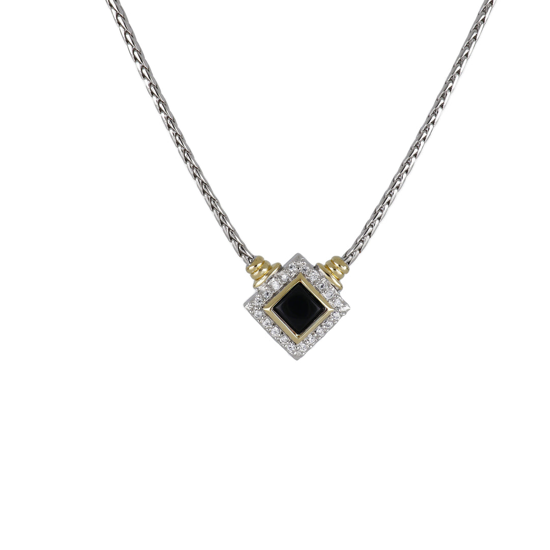 Blue Opal/Black Onyx Adjustable Diamond-Shaped Stone Two-Tone Necklace - With Pavé