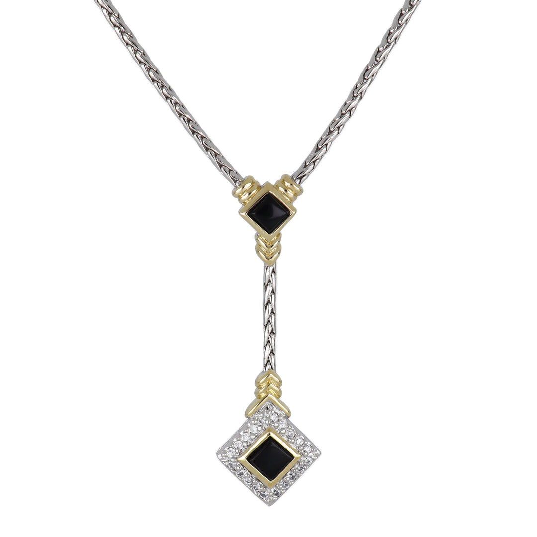 Blue Opal/Black Onyx Adjustable Diamond-Shaped Stone Two-Tone Y Necklace - With Pavé
