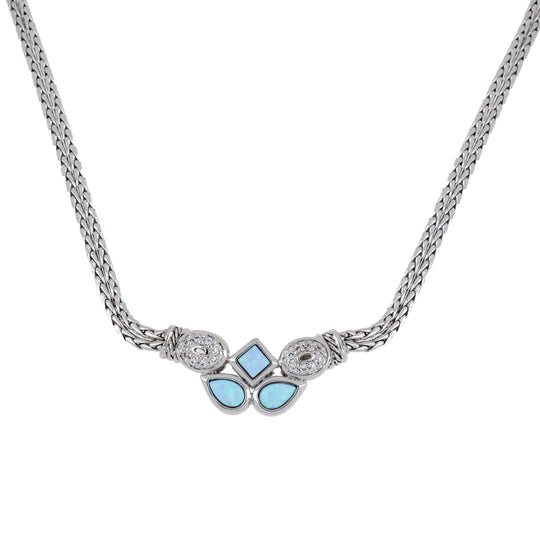 Blue Opal/Black Onyx Three Stone Necklace - With Pavé
