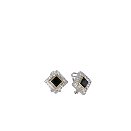 Blue Opal/Black Onyx Diamond-Shaped Two-Tone Omega Earrings