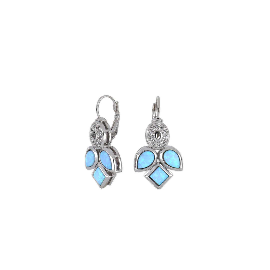 Blue Opal/Black Onyx Three Stone French Wire Earrings - With Pavé