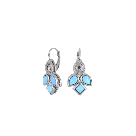 Blue Opal/Black Onyx Three Stone French Wire Earrings - With Pavé