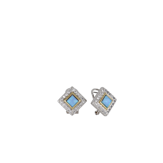 Blue Opal/Black Onyx Diamond-Shaped Two-Tone Omega Earrings