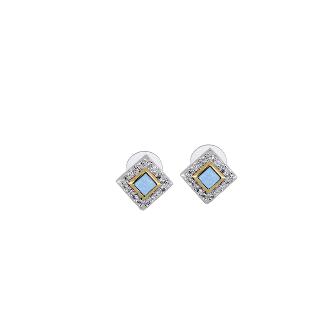 Blue Opal/Black Onyx Diamond-Shaped Two-Tone Post Earrings - With Pavé