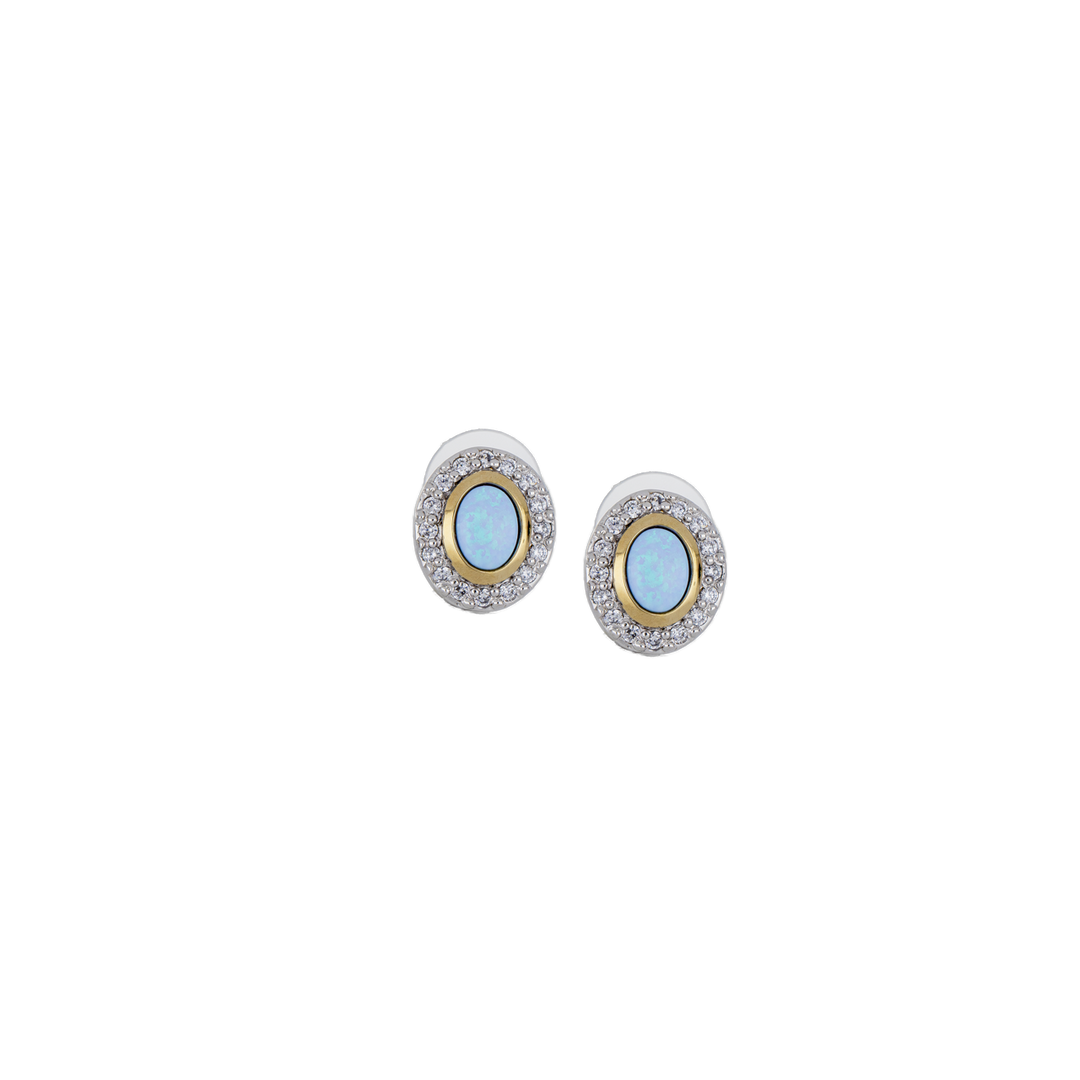 Blue Opal/Black Onyx Oval-Shaped Two-Tone Post Earrings - With Pavé
