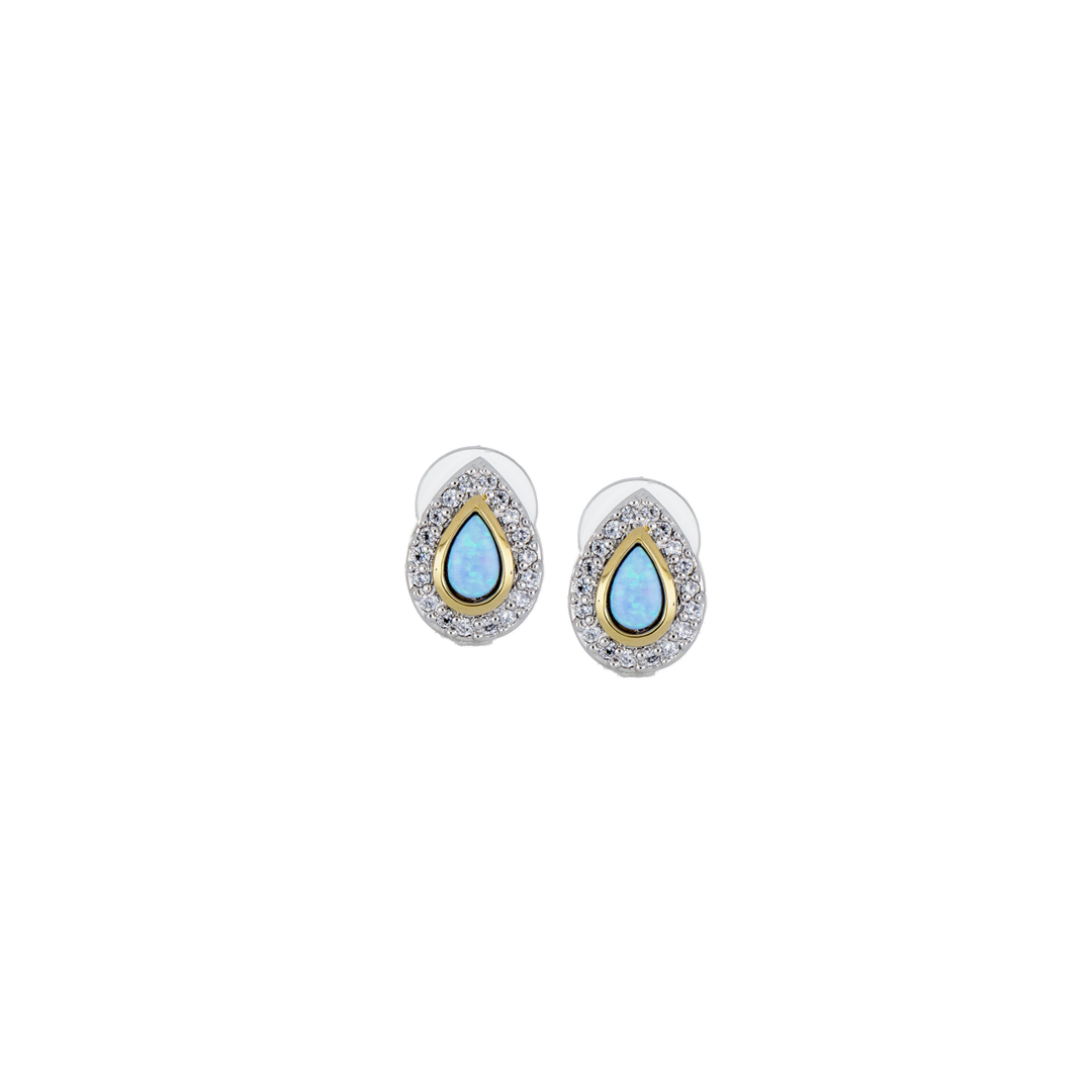 Blue Opal/Black Onyx Pear-Shaped Two-Tone Post Earrings - With Pavé