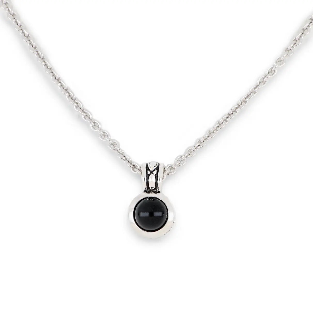 *Retired* Bezel Set Genuine Onyx Pendant Necklace in Rhodium