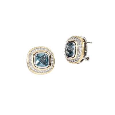 Nouveau Pavé Accented Aqua CZ Square Post with Clip Earrings