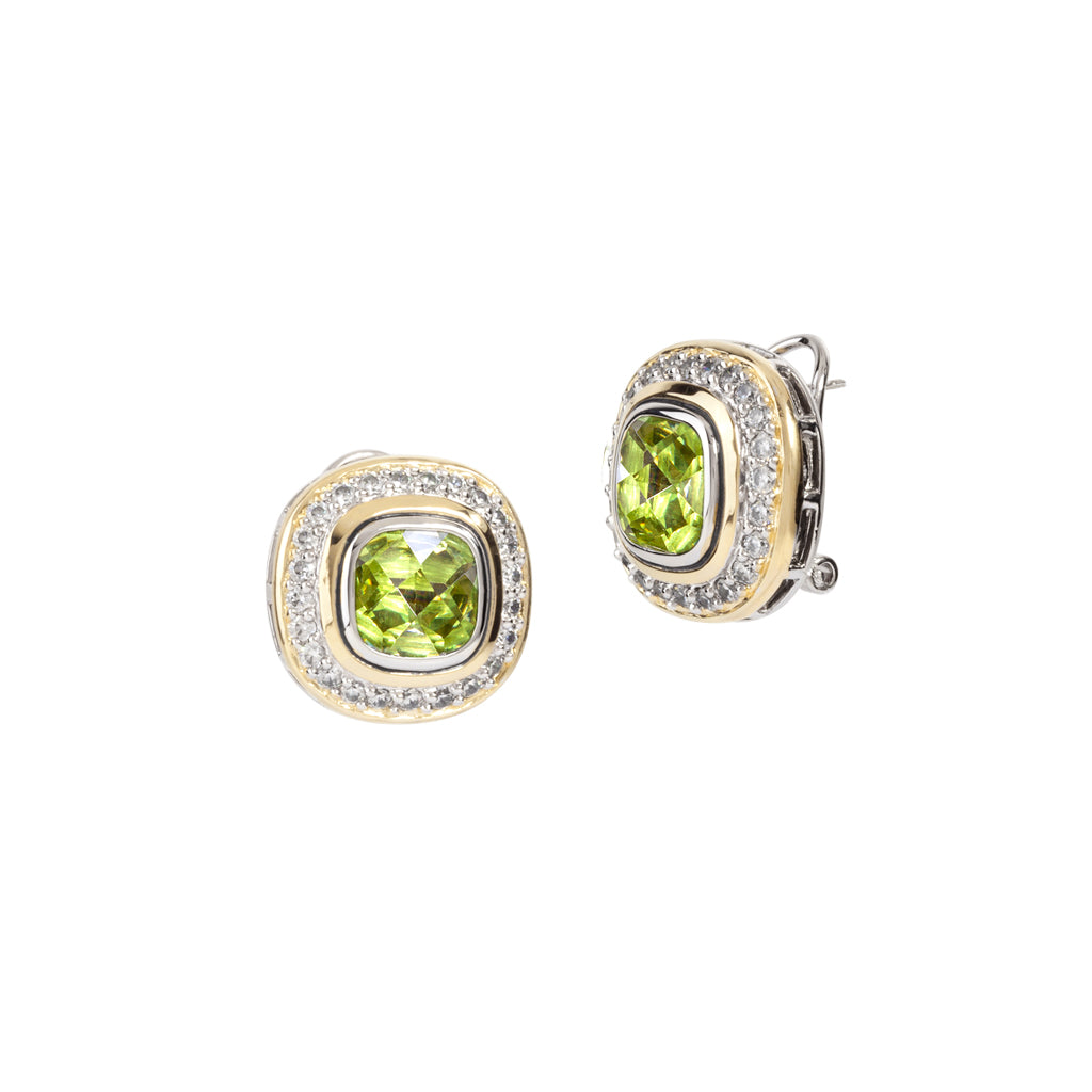 Nouveau Pavé Accented Peridot CZ Square Post with Clip Earrings
