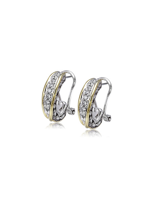 Oval Link Pavé Two Tone Post Clip Earrings