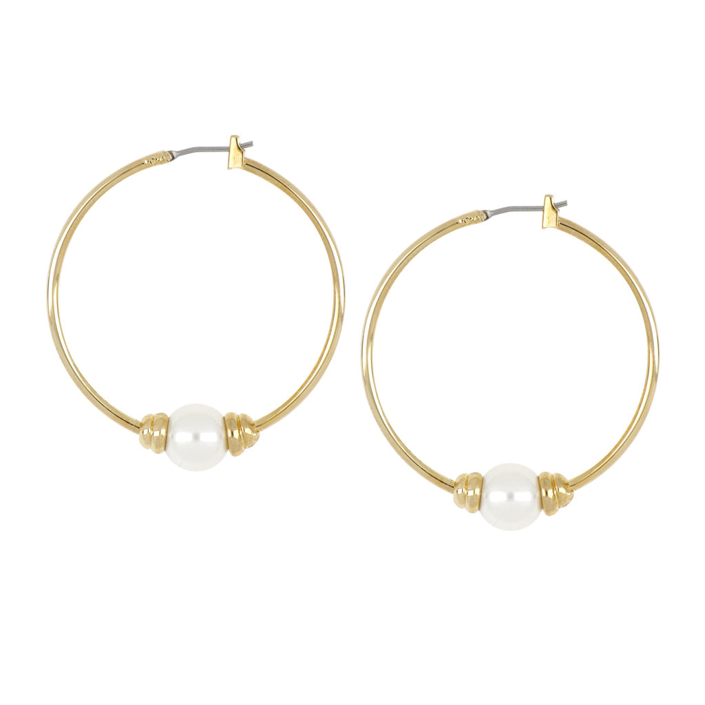 Ocean Images Collection Single Pearl Large Gold Hoop Earrings