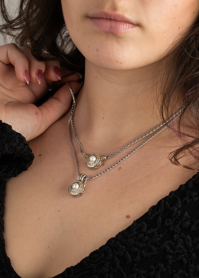 Pérola Collection - Pavé & White Seashell Pearl Pendant with Chain