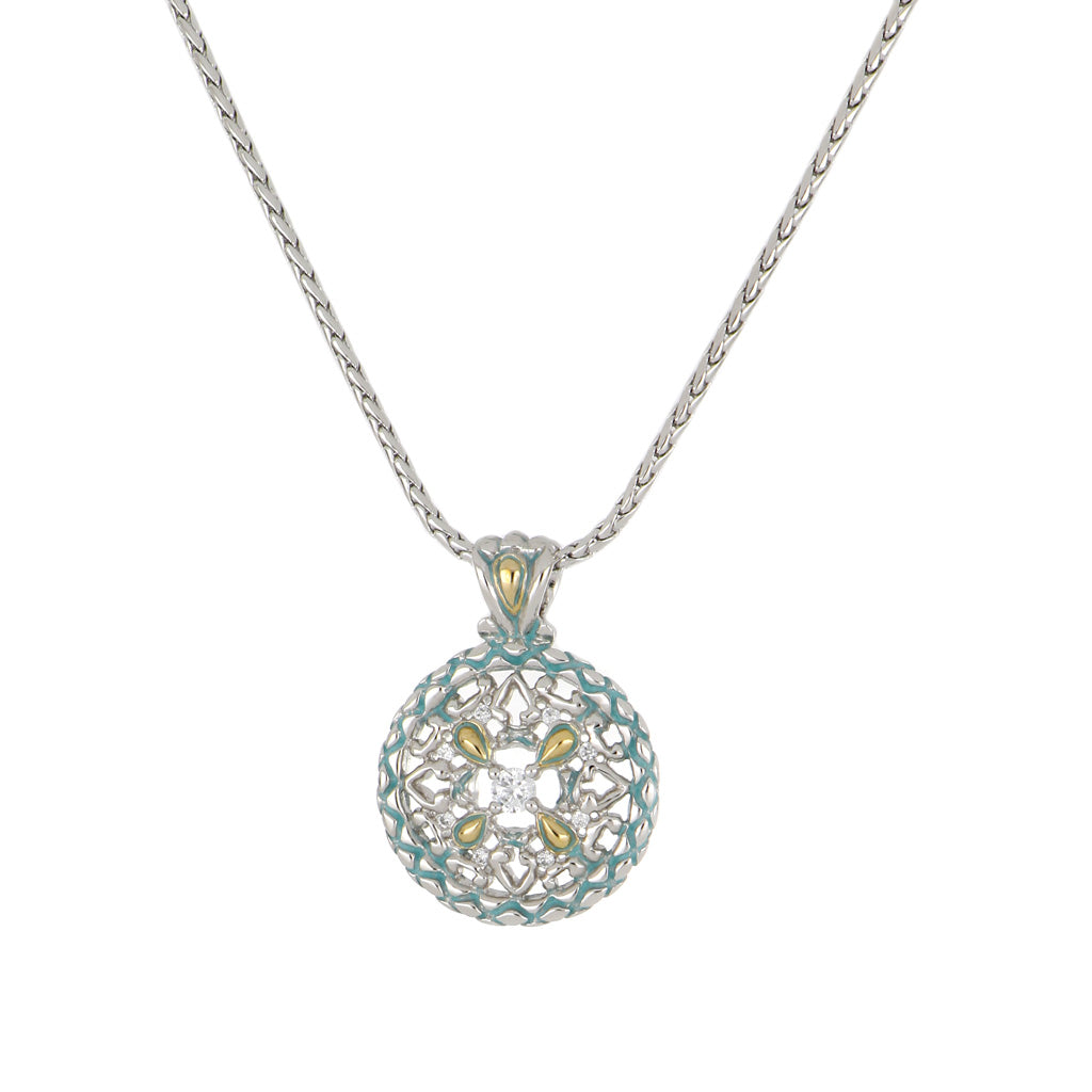 *Retired* Lattice Collection Long Turquoise Medallion Slider Necklace with center CZ stone